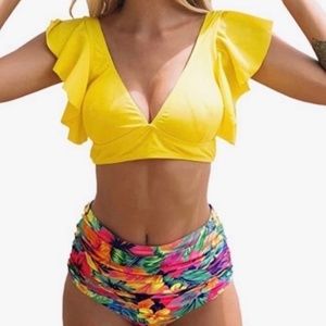 Women Ruffle High Waist Swimsuit Two Pieces Push Up Tropical Print Bikini SizeXL
